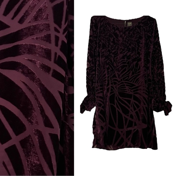 Taylor Dress Velvet Burnt Out Print Fairy Burgandy Bows @ Cuffs Size M - Picture 1 of 13